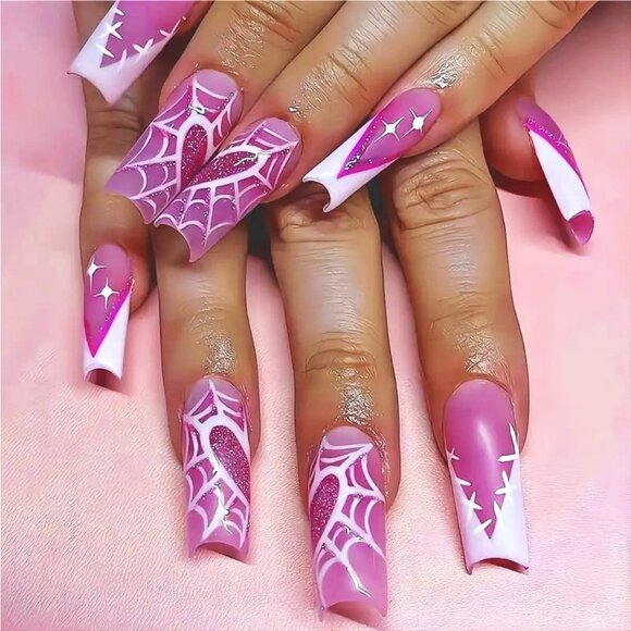 24 Pink Web Stars Glitter Nails Press On Style Kit Fake Glam Vacation Sexy - Picture 1 of 4